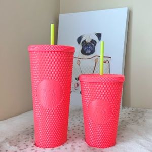 2 NEW 2022 Starbucks Dragonfruit Studded Neon Coral Tumblers- Grande Venti